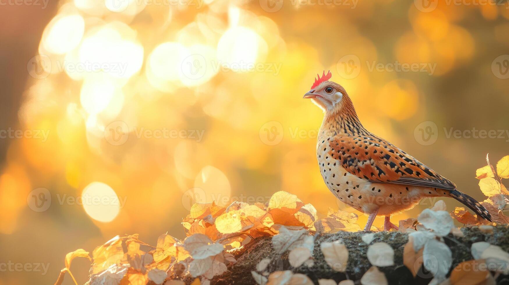 A chicken standing on a branch in autumn photo