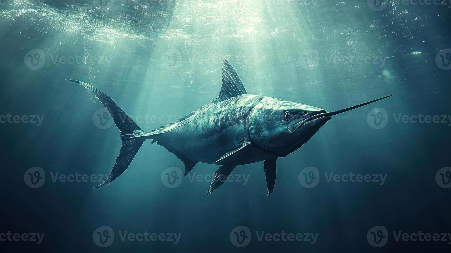 Tuna swimming underwater with sunlight shining through photo