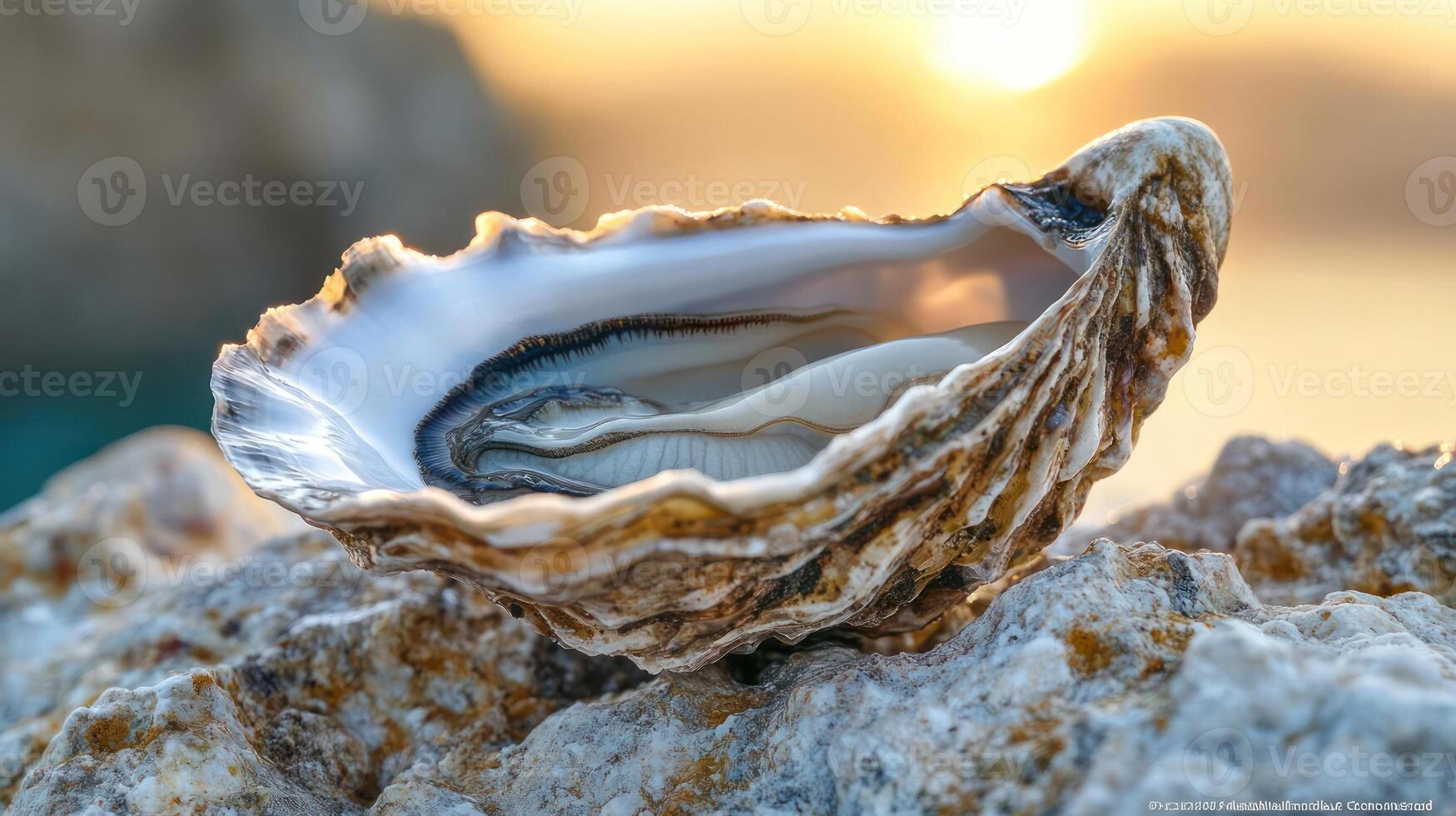 close-up of an oyster shell on a rock photo