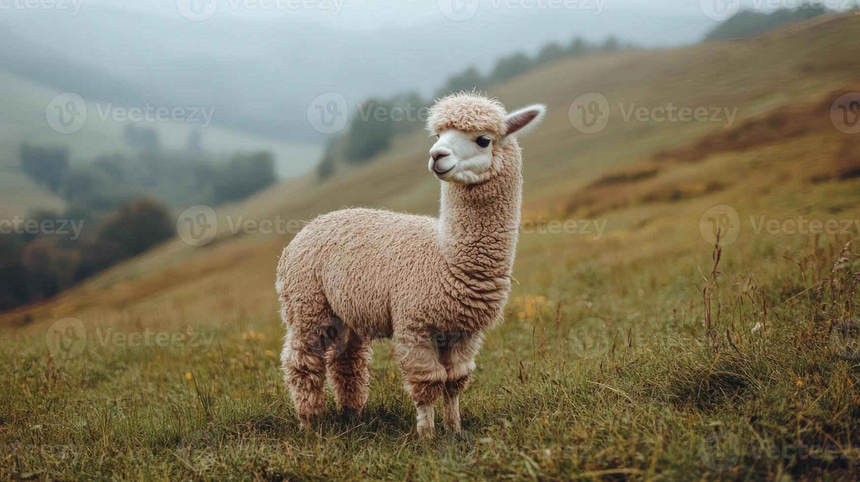 Alpaca standing in grassy field on a cloudy day photo