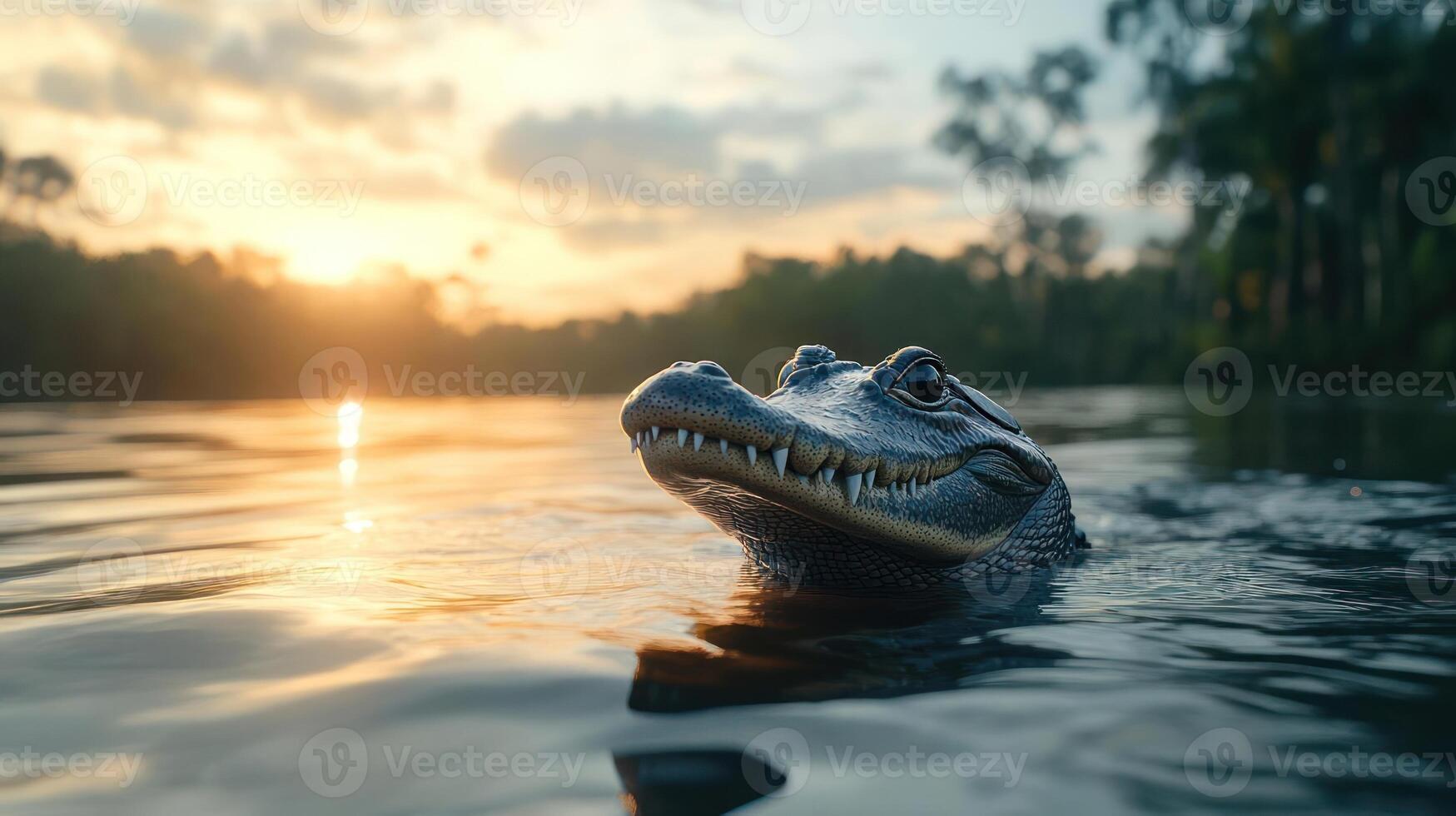 A crocodile swims in a river photo