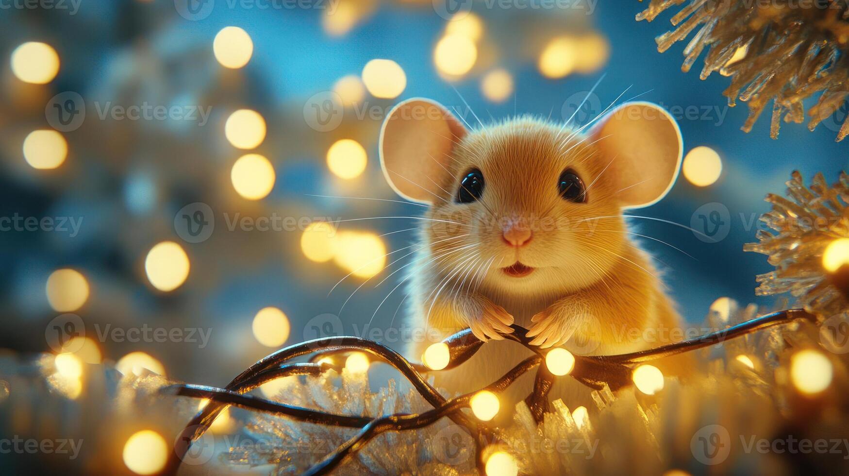 Mouse with big eyes on a Christmas tree branch photo