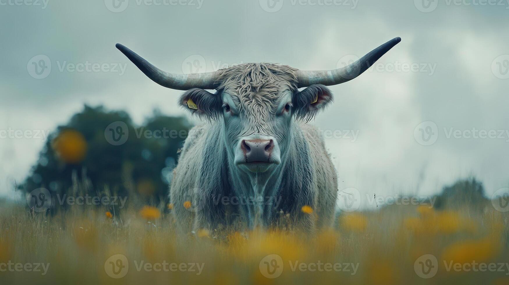 A close-up of a bull standing in a field. photo
