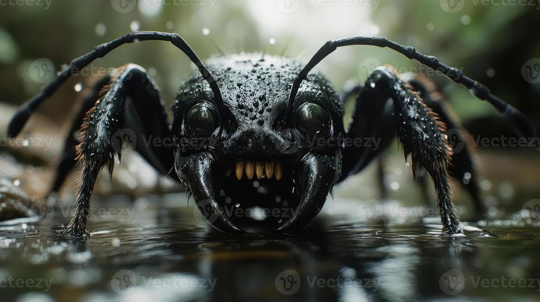 A close-up of a large ant with sharp teeth and long antennae photo