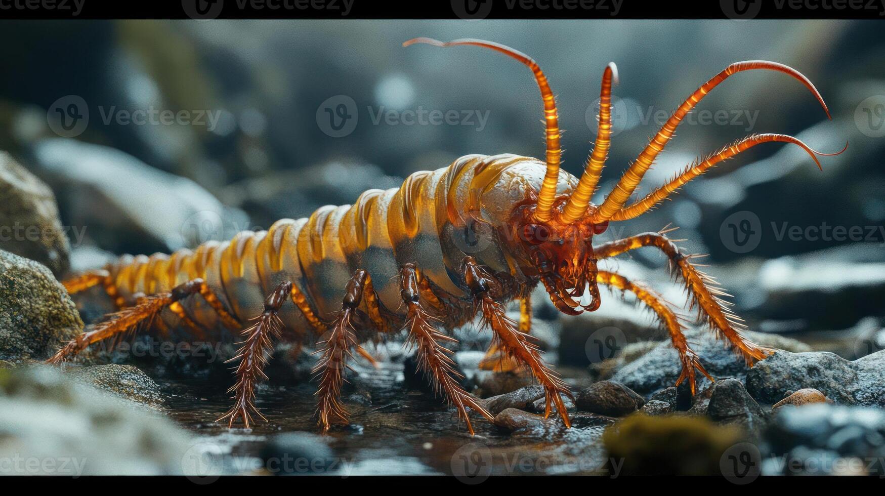A close-up view of a large insect with long antennae. photo