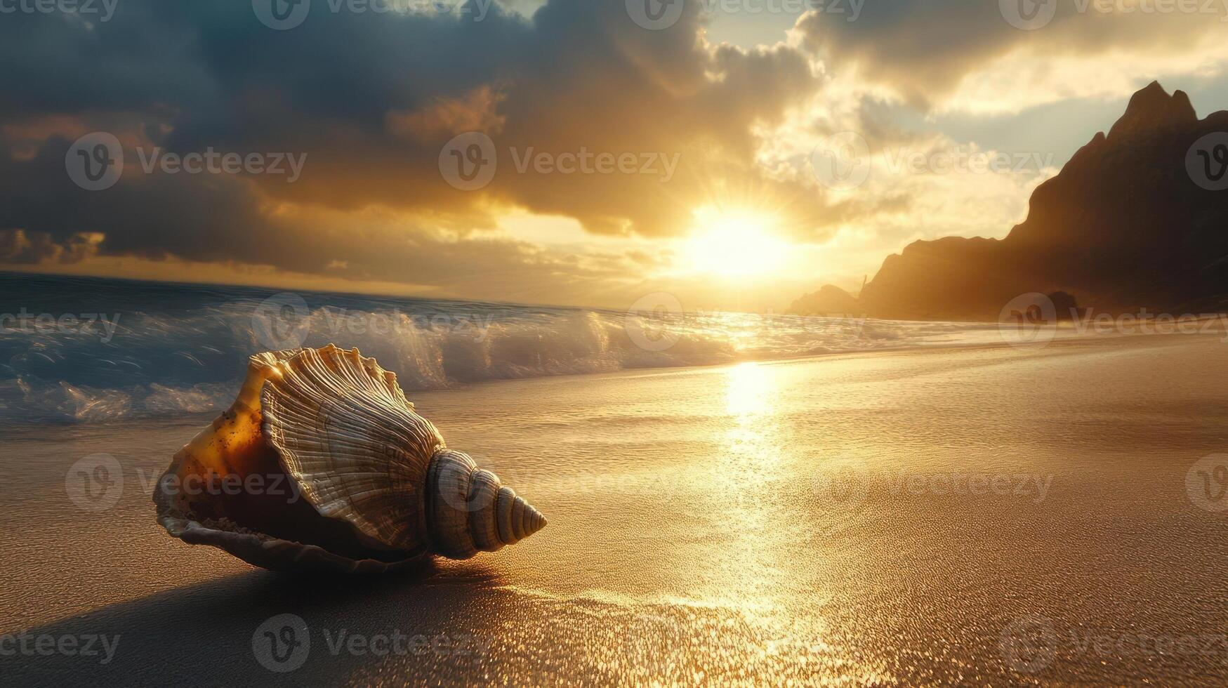 A seashell sits on a beach at sunset photo