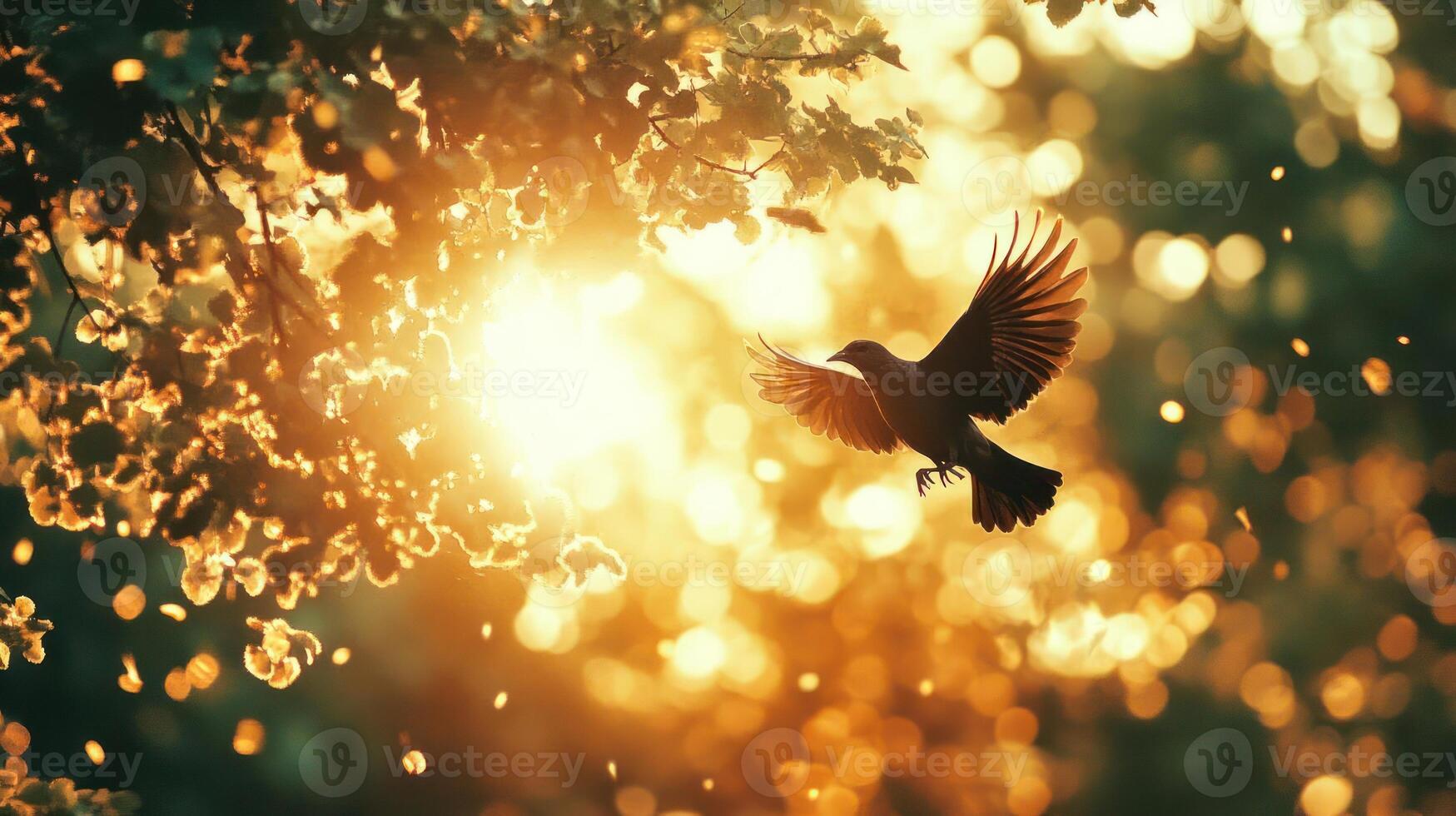 Bird flying in sunset with bokeh effect and golden light photo