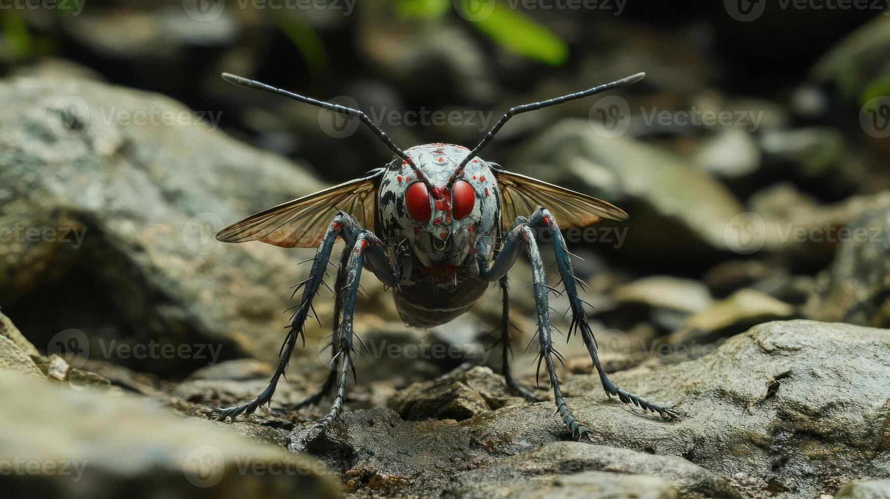 A detailed view of a large insect with striking red eyes and wing features. photo