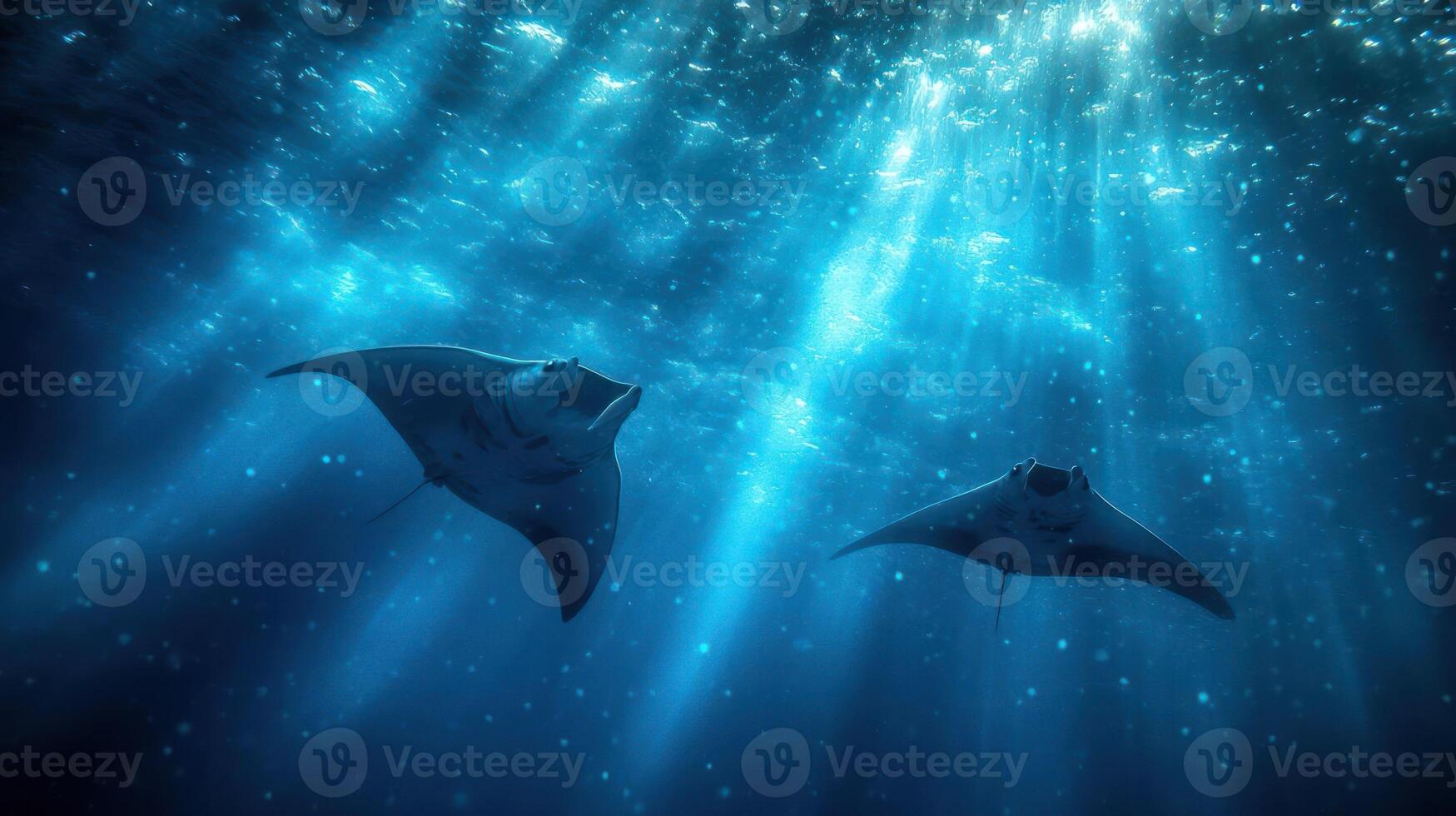 Two manta rays swimming underwater photo