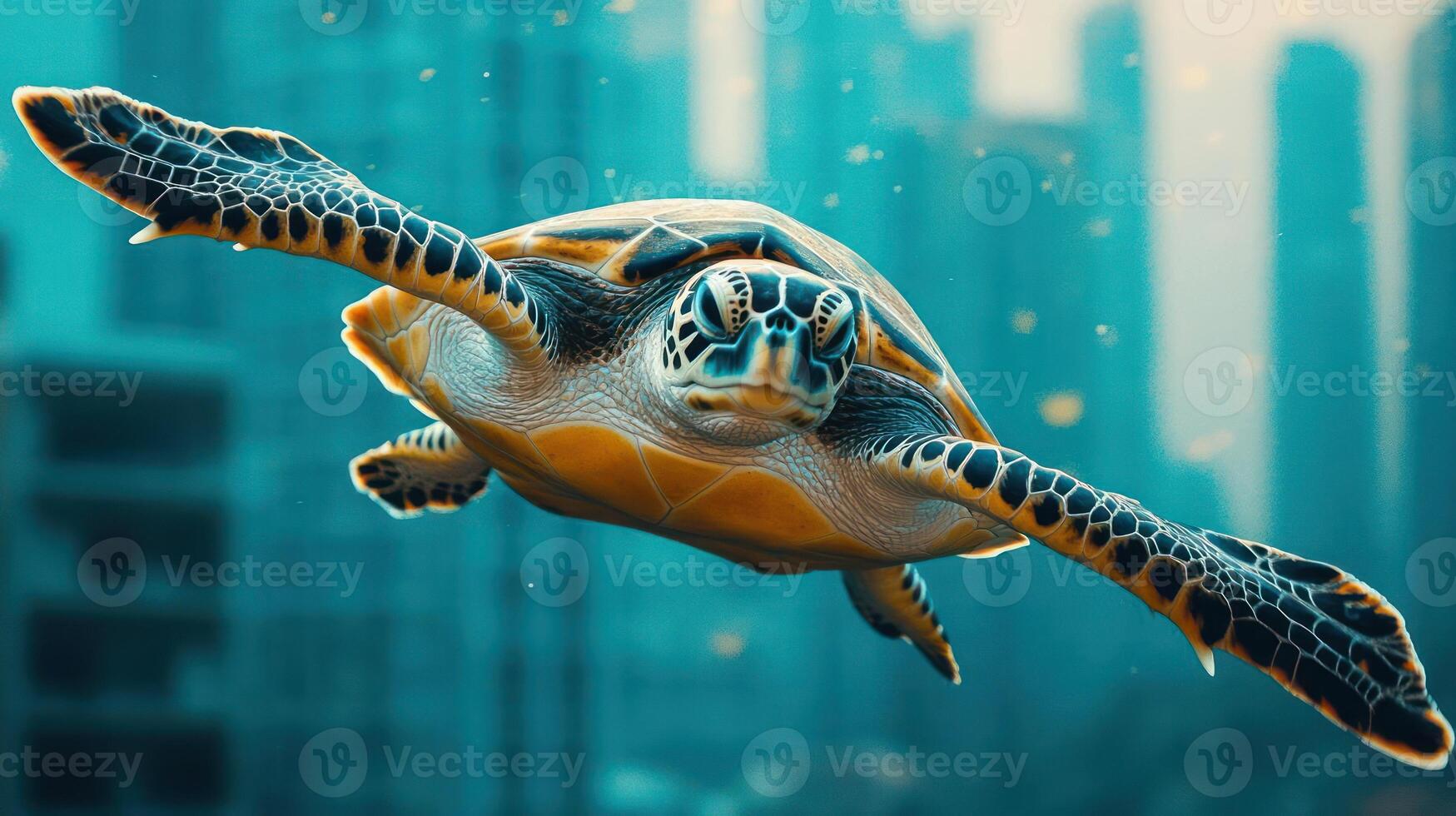 A close-up of a sea turtle swimming underwater photo