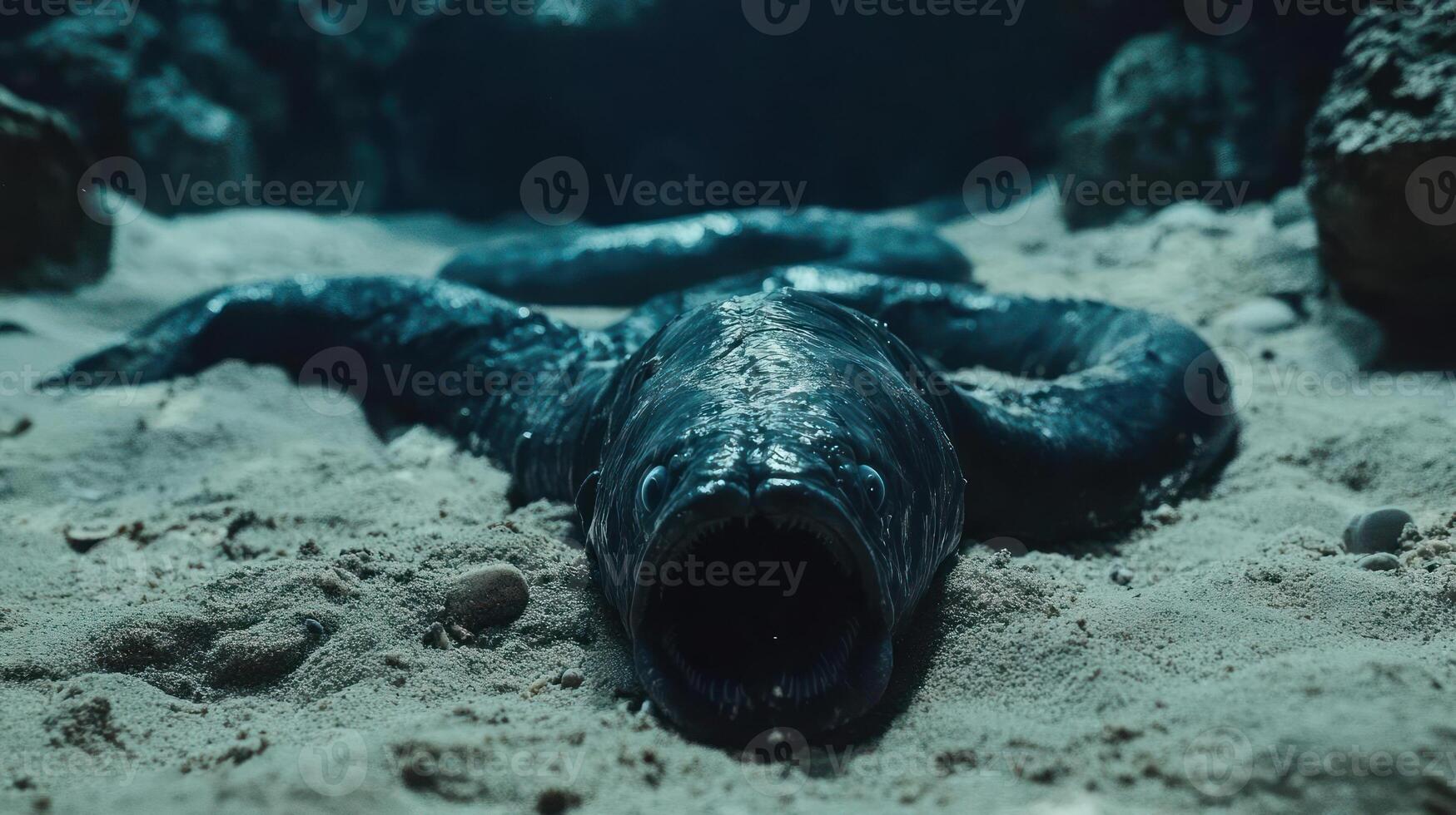 A large black eel with its mouth open lying on sand photo