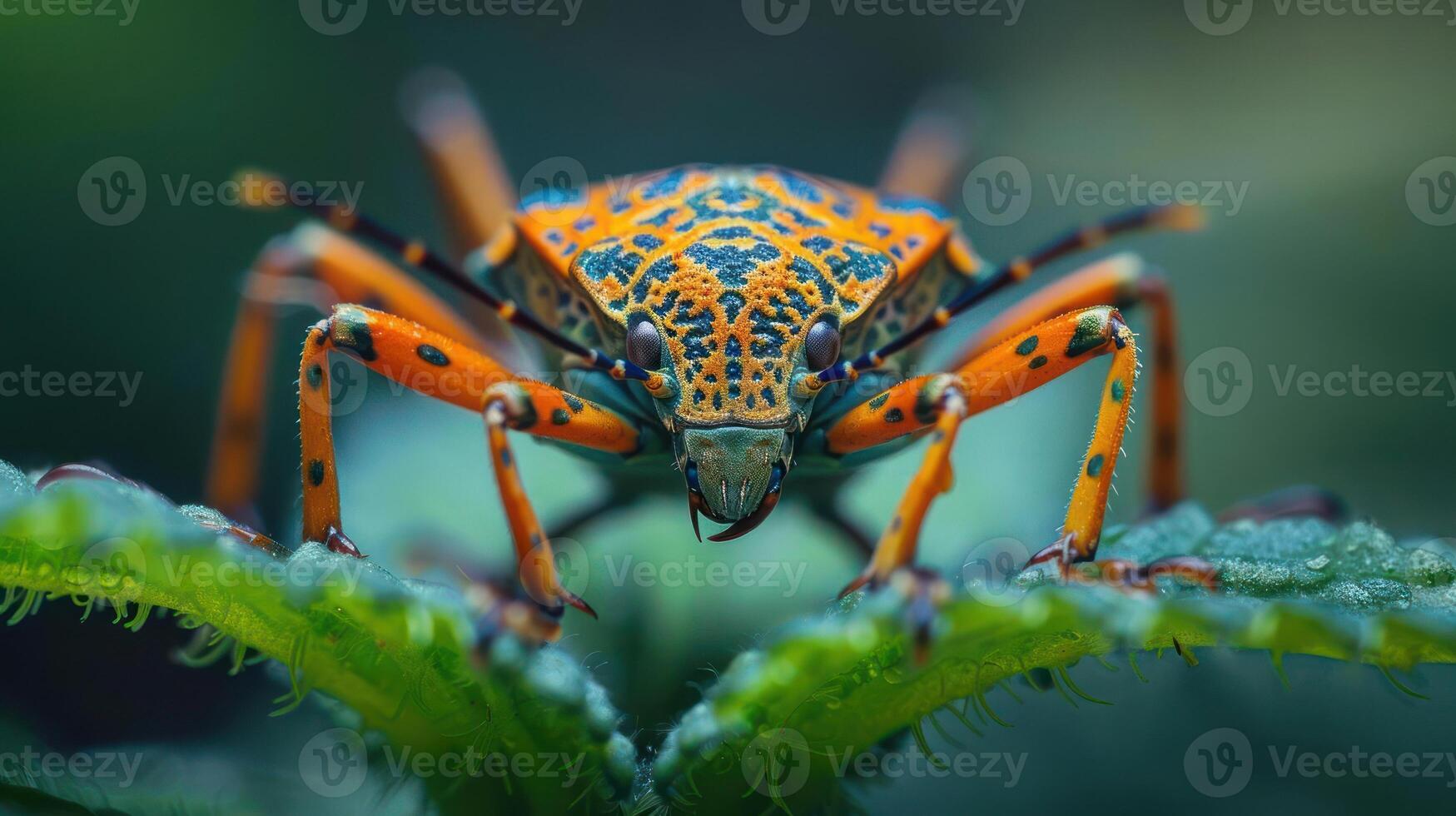 Close-up photograph of an insect perched on a leaf photo