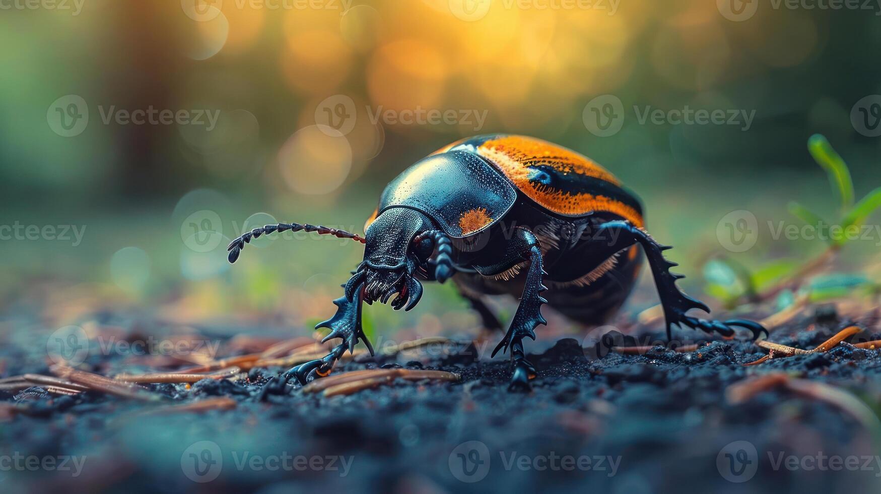 A close-up of a large beetle on the ground. photo