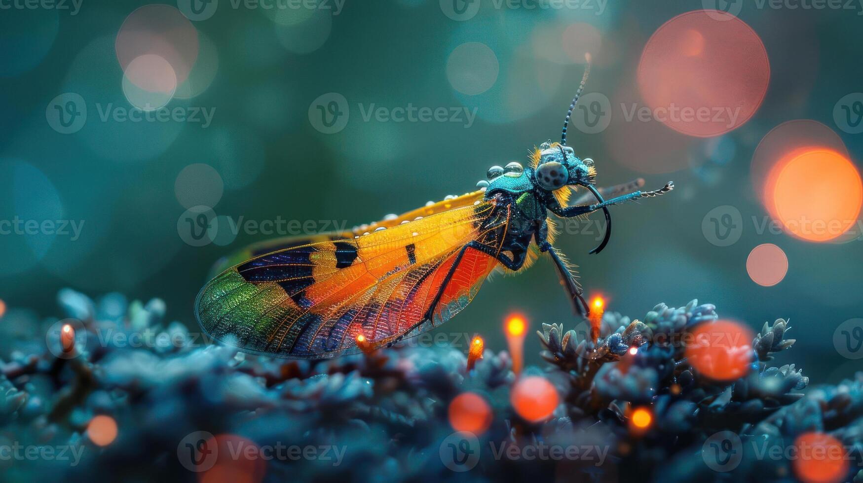 A colorful insect with rainbow wings and glowing eyes photo