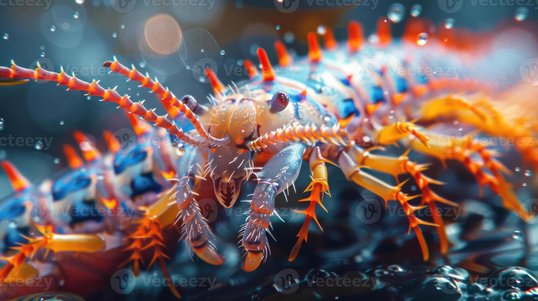 A close-up of a colorful crustacean with spiky legs photo