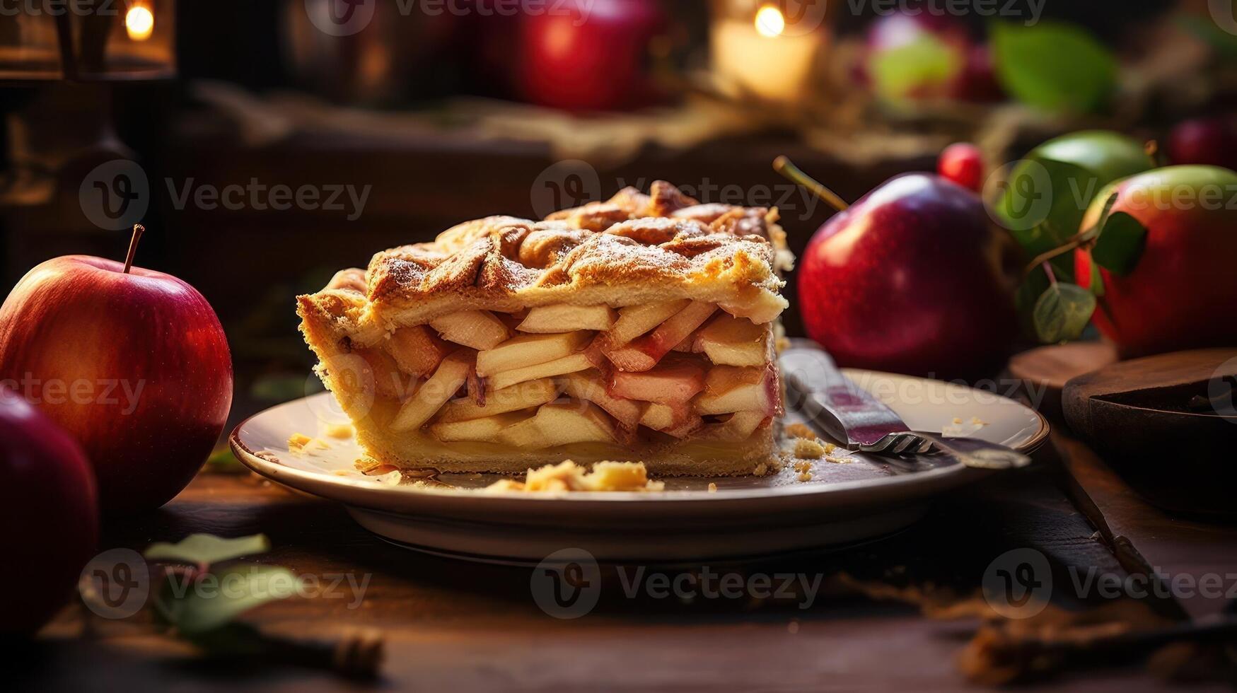 A slice of apple pie with a fork on a plate. photo