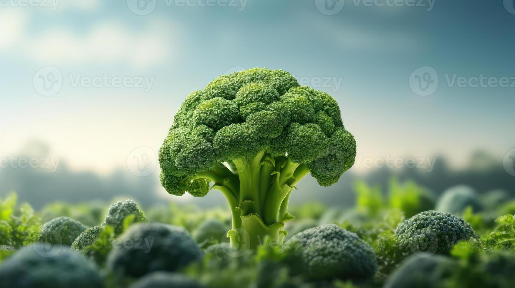 A close-up of a single broccoli stalk surrounded by others photo