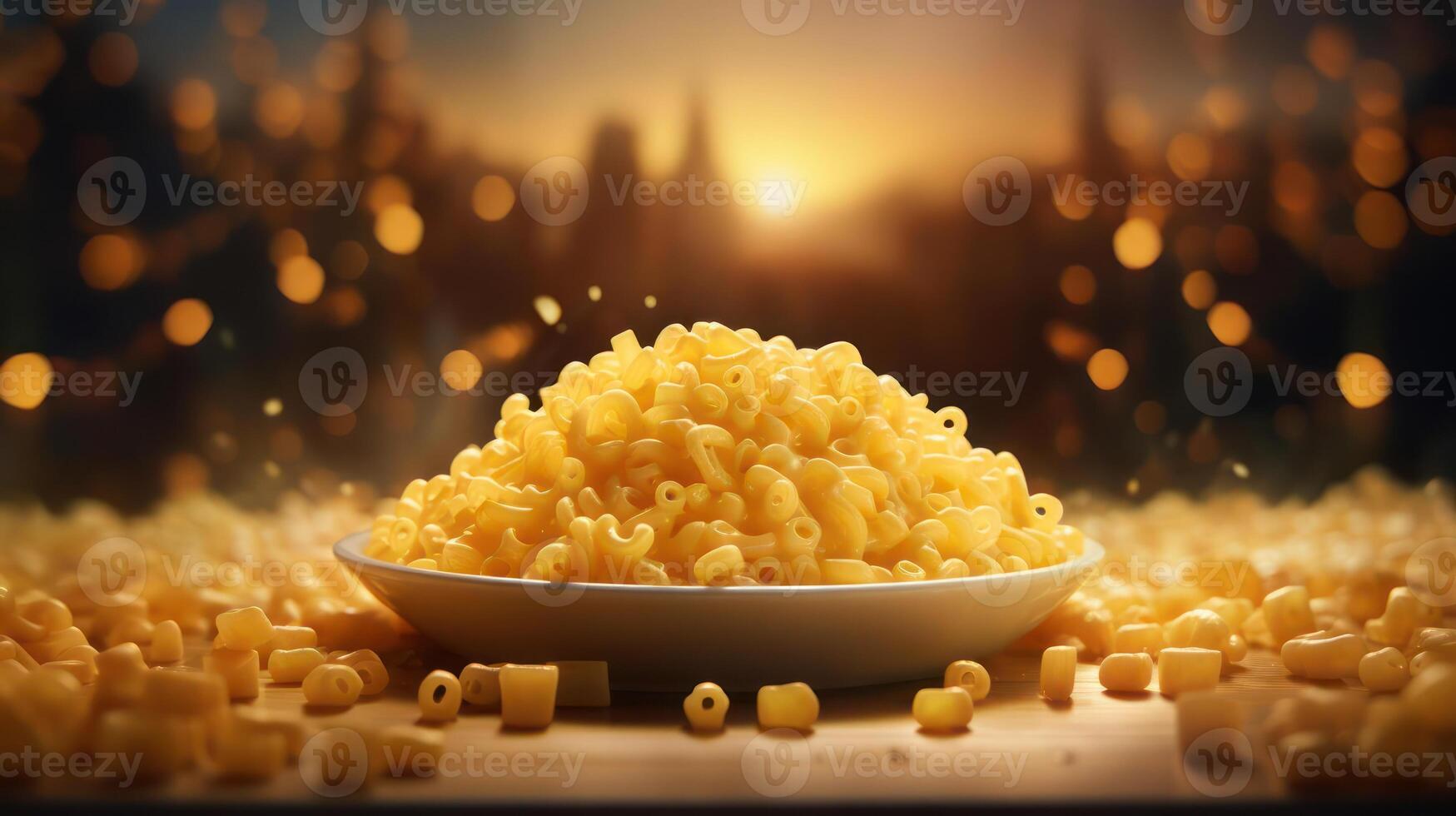 plate of macaroni on a table with background lights photo