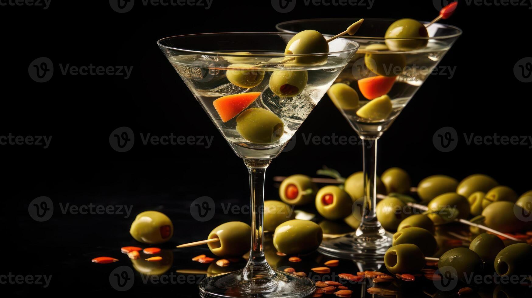 Two glasses of martini with green olives on a black background photo