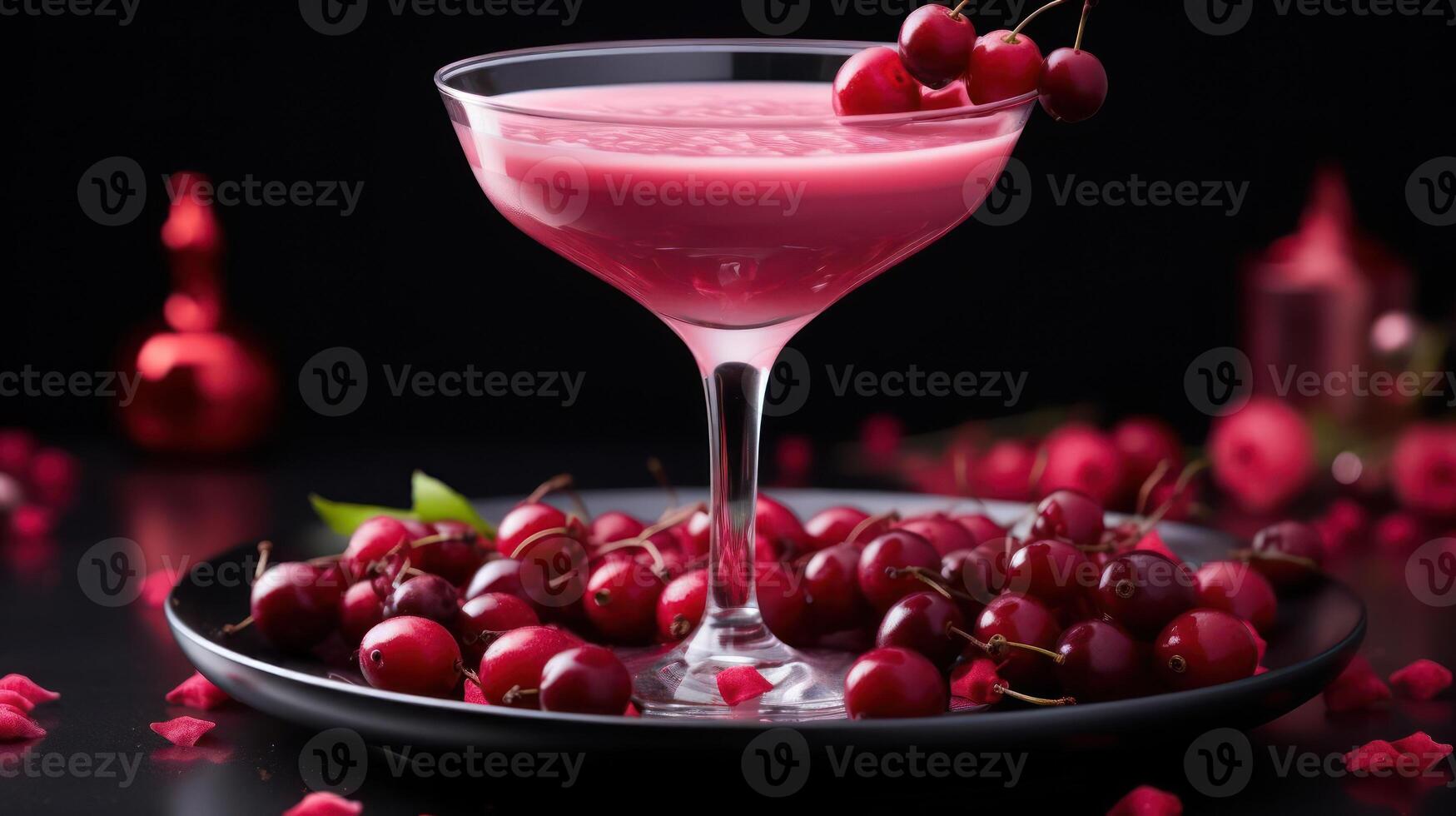 Pink cocktail in a glass with cherries on top photo
