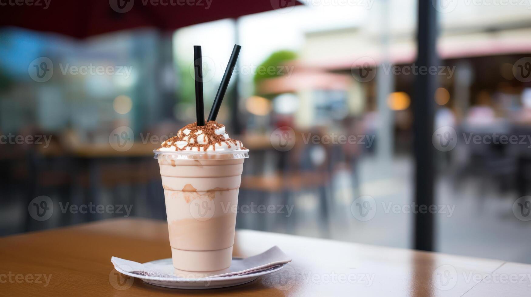 A creamy chocolate milkshake with whipped cream and a straw photo