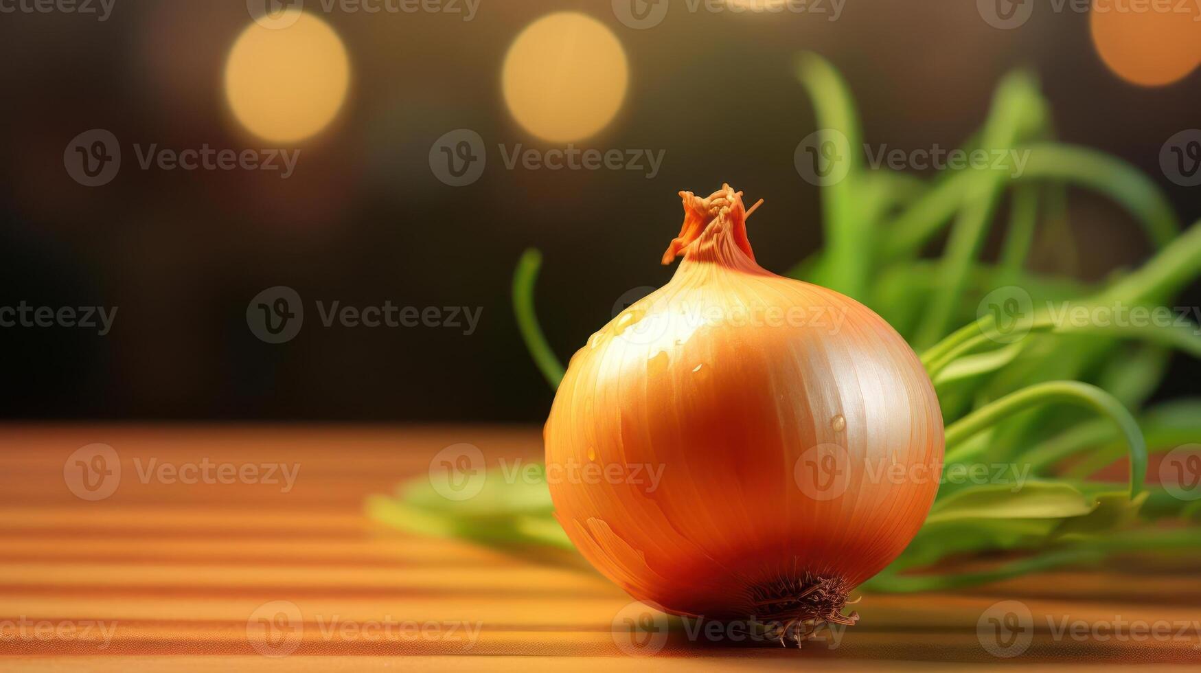 A whole onion on a table with green onions behind it photo