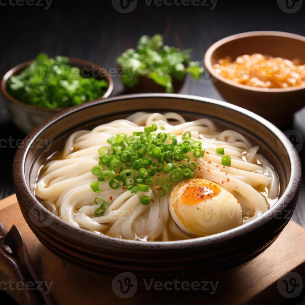 Japanese Udon Noodles with Soft Boiled Egg and Green Onions photo
