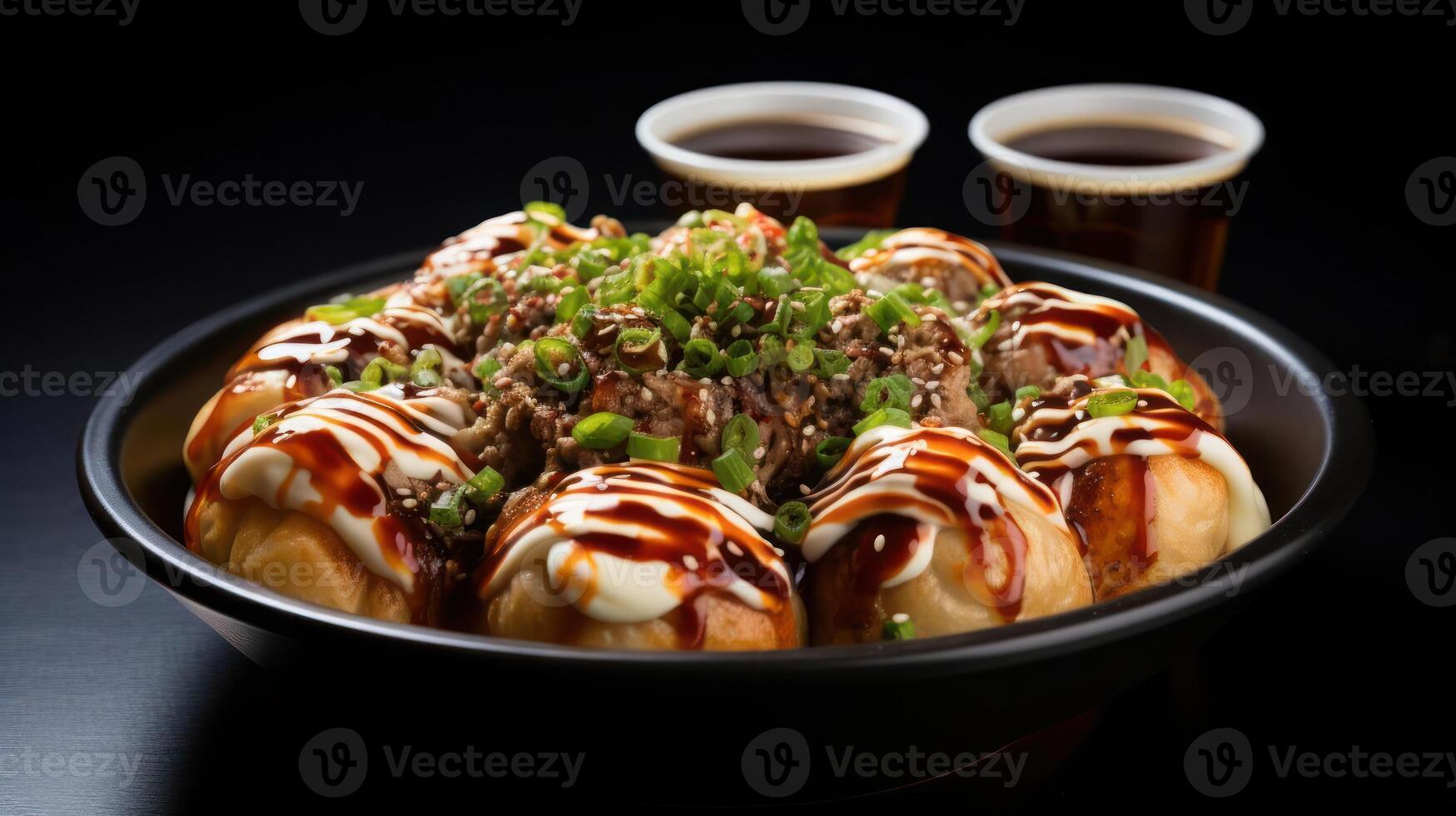 Plate of dumplings with sauces photo