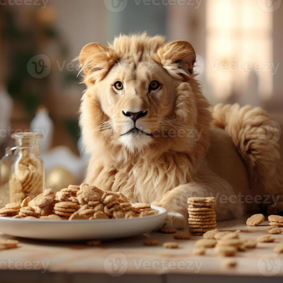 A lion is eating cereal with milk photo