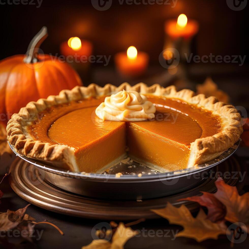 A pumpkin pie with a slice cut out photo