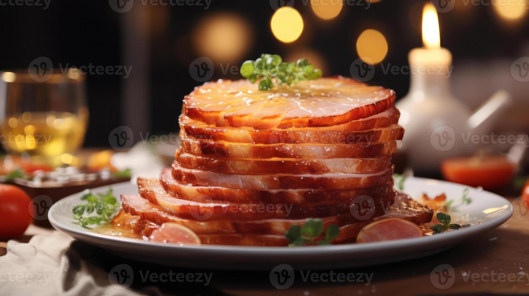A Stack of Sliced Ham on a Plate photo
