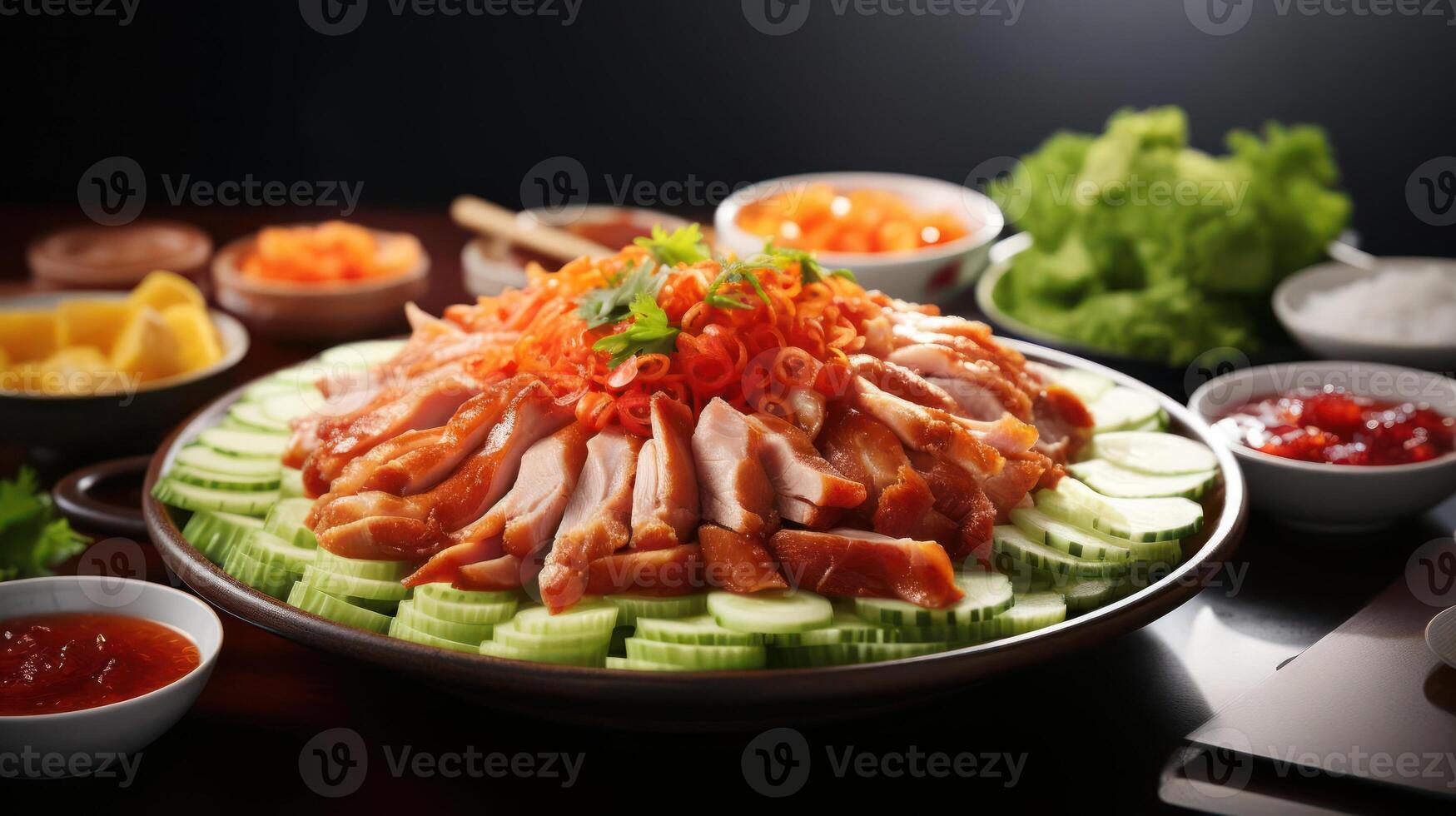 A platter of sliced duck breast on cucumbers. photo
