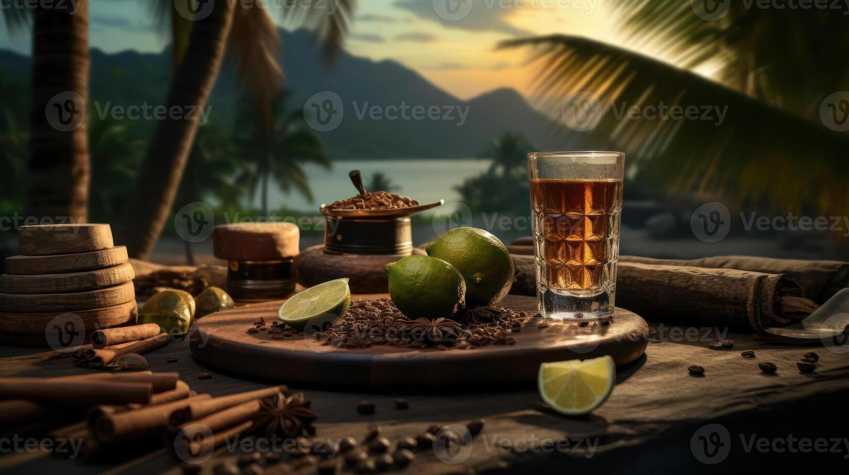 Tropical setting with spices and a shot of alcohol photo