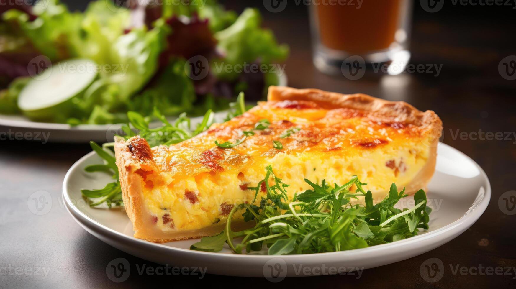 A slice of quiche lorraine on a plate with arugula photo