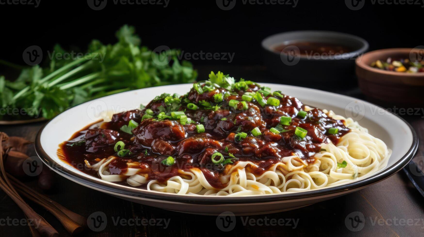 Korean noodle dish with black bean sauce and vegetables. photo