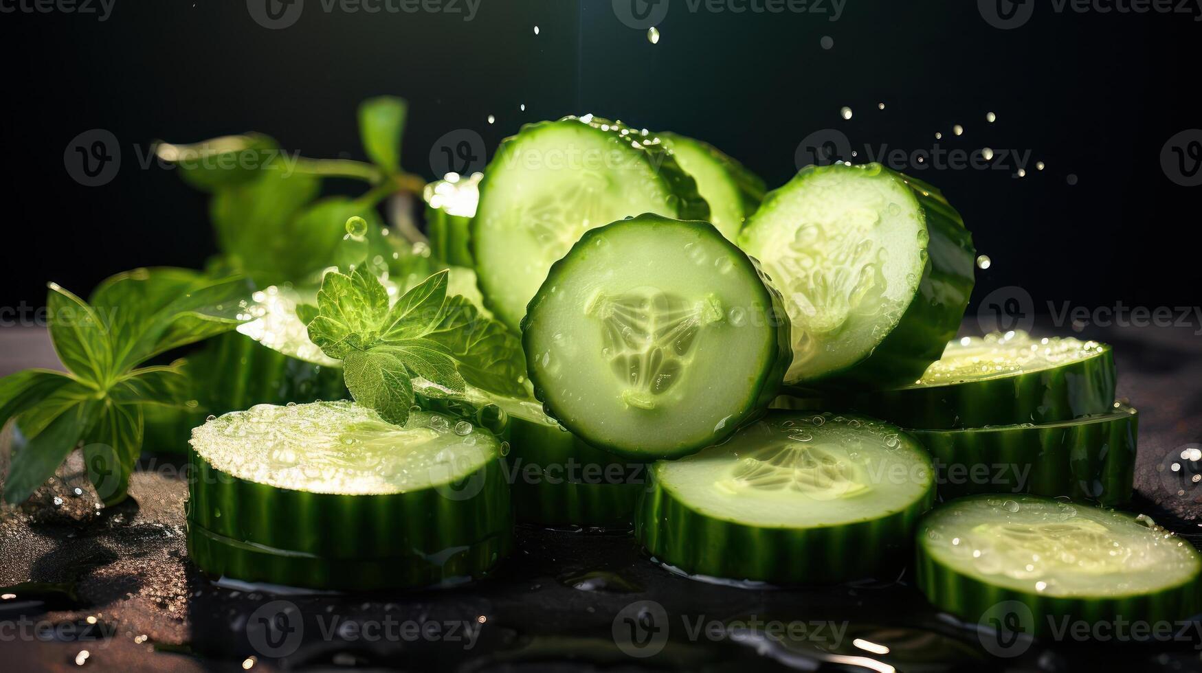 Close-up of sliced cucumbers with water droplets and mint leaves photo