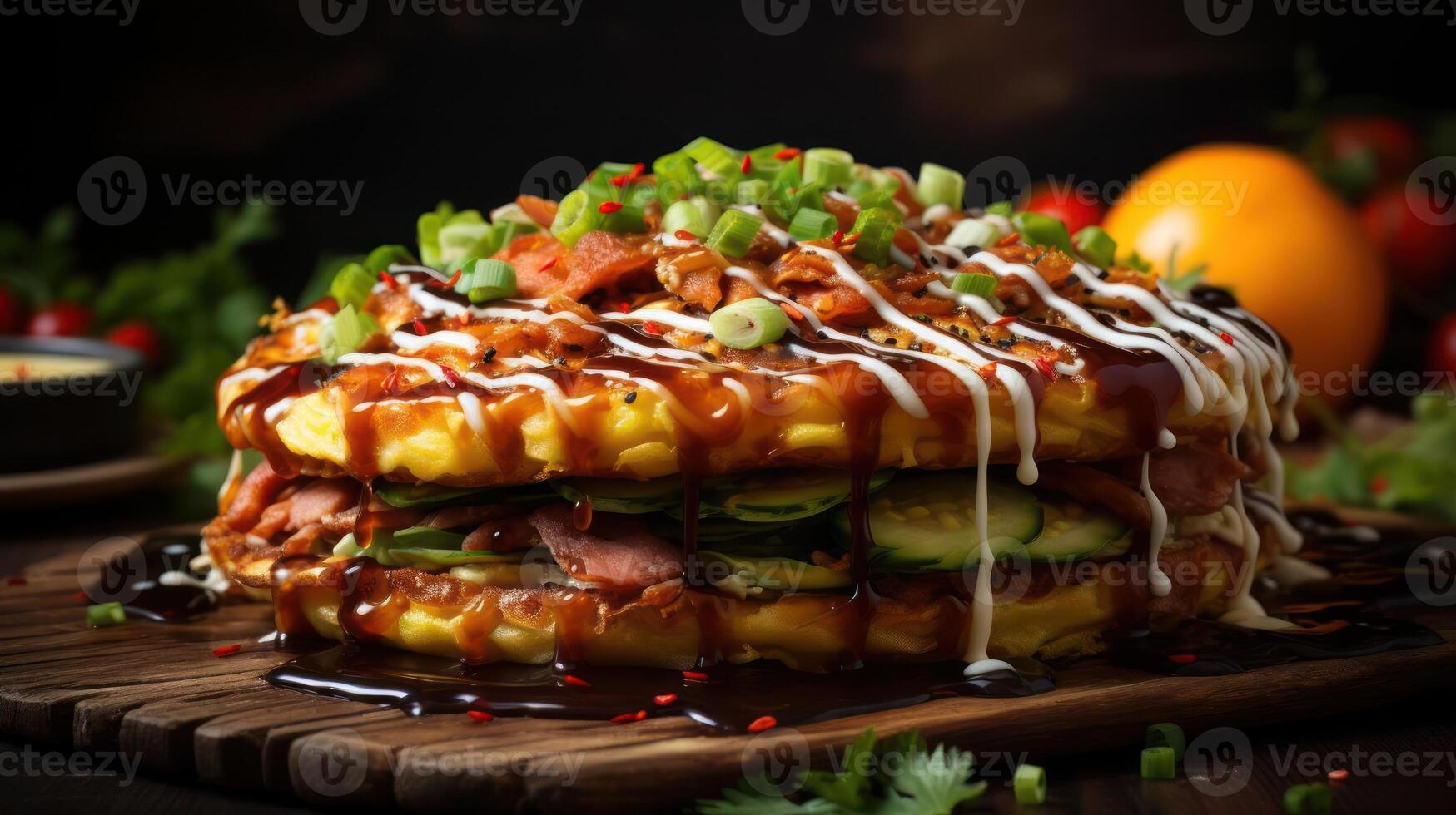 Delicious layered pancake dish with savory toppings photo