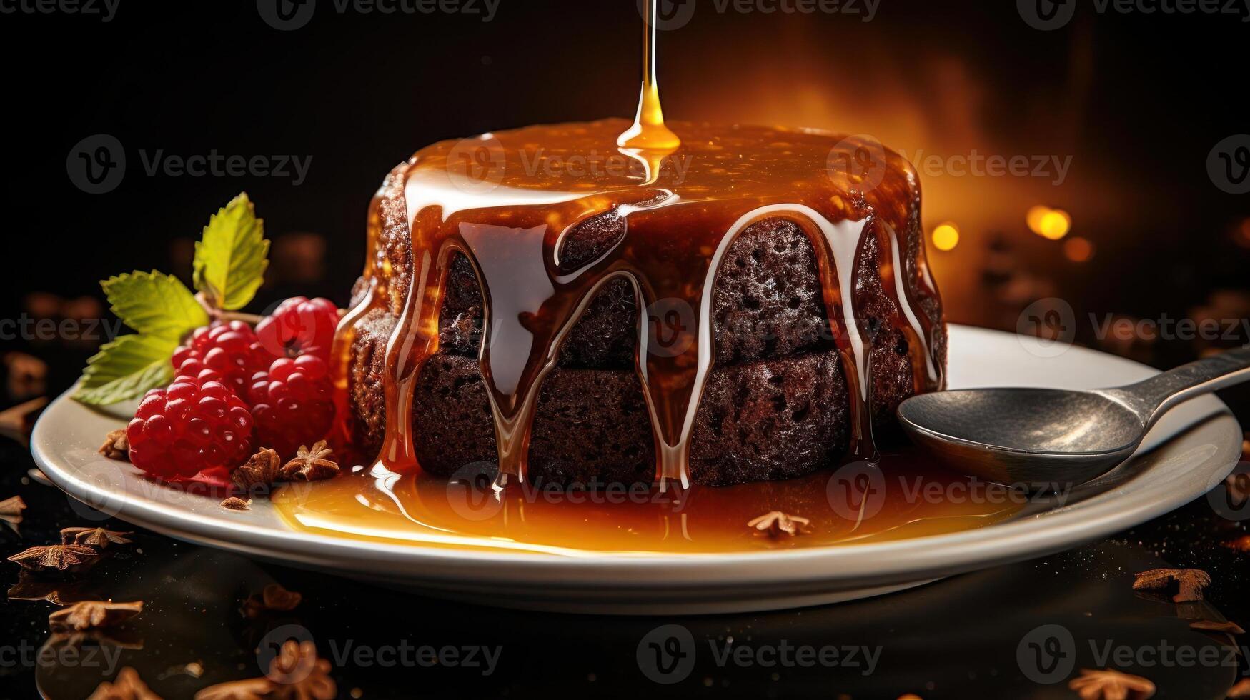 Chocolate cake with caramel sauce and raspberries photo