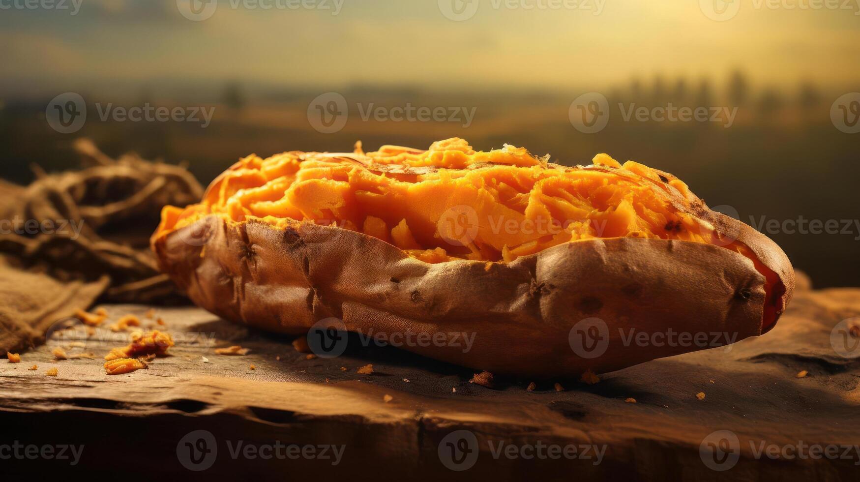 A baked sweet potato on a wooden table photo