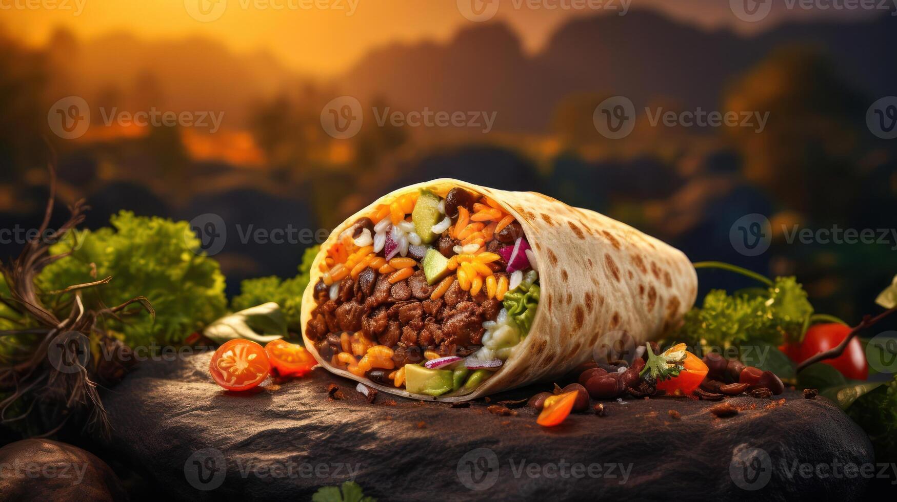 A large burrito with various fillings on a stone photo