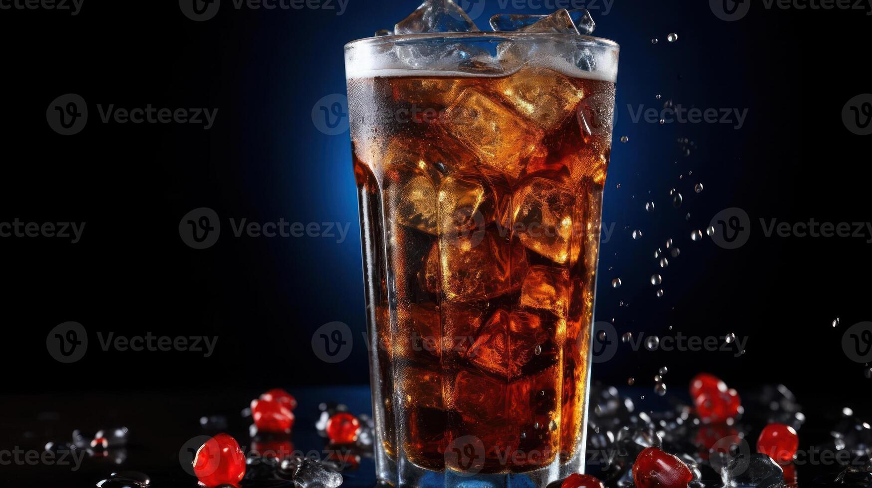 A glass of cola with ice and cherries. photo