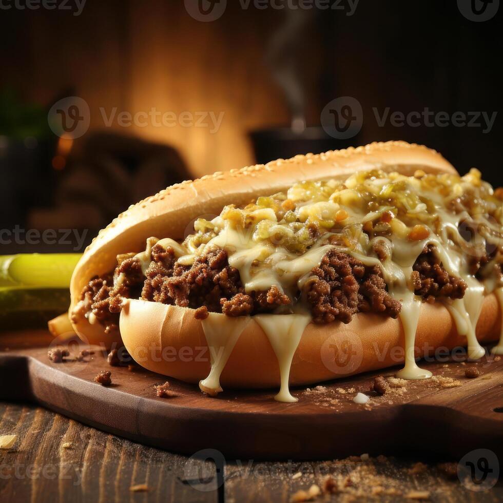 A Philly cheesesteak sandwich with melted cheese and meat on a sesame seed bun. photo