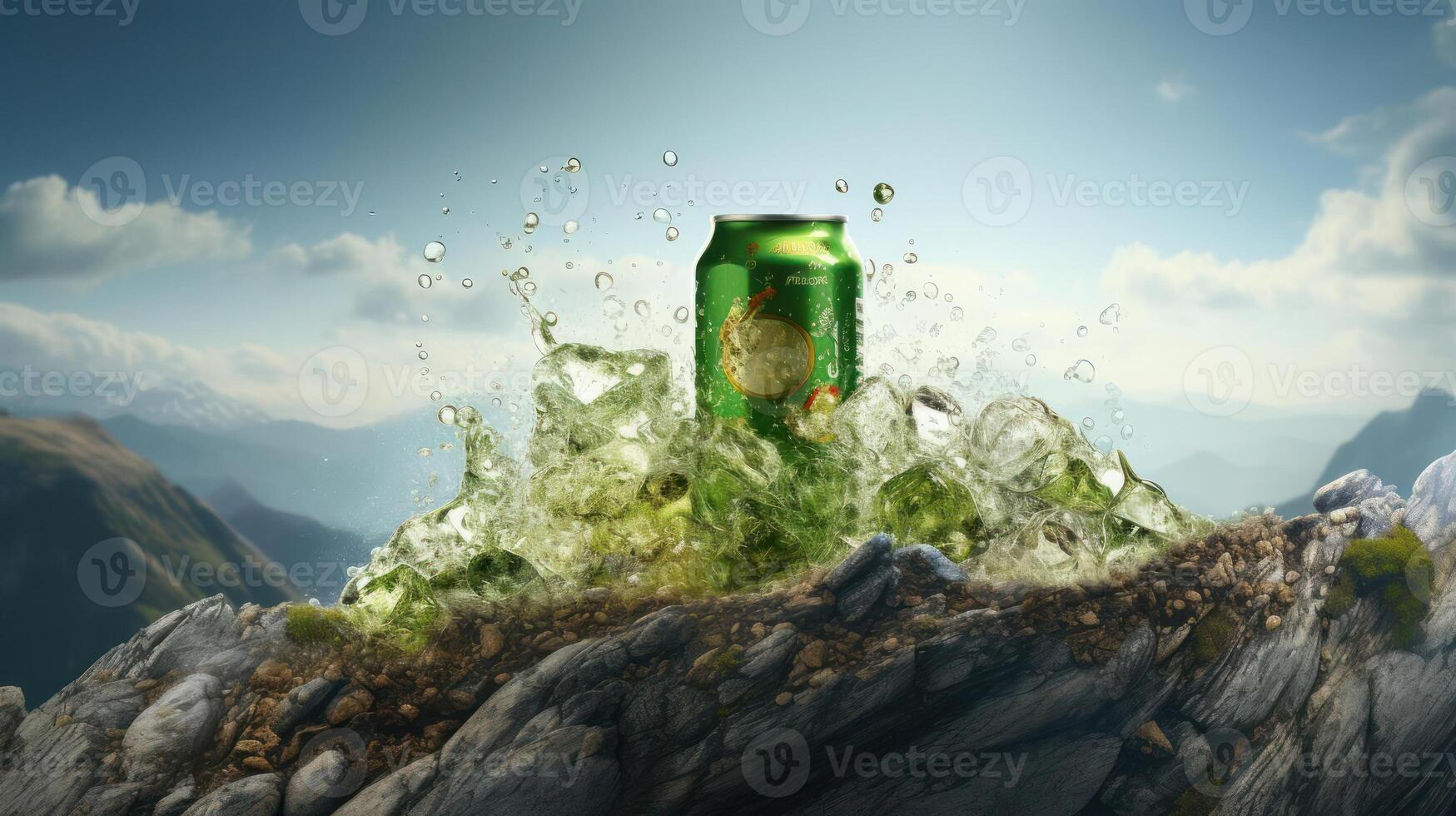 Green Beer Can on Top of Rocks with Mountains in Background photo