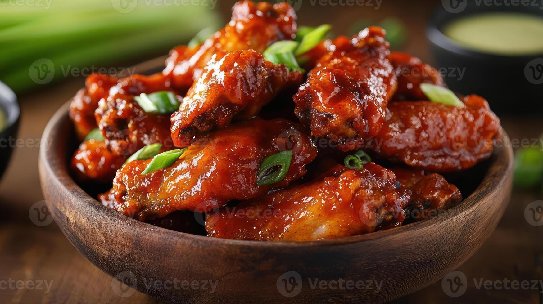 Bowl of chicken wings with sauce and garnish photo