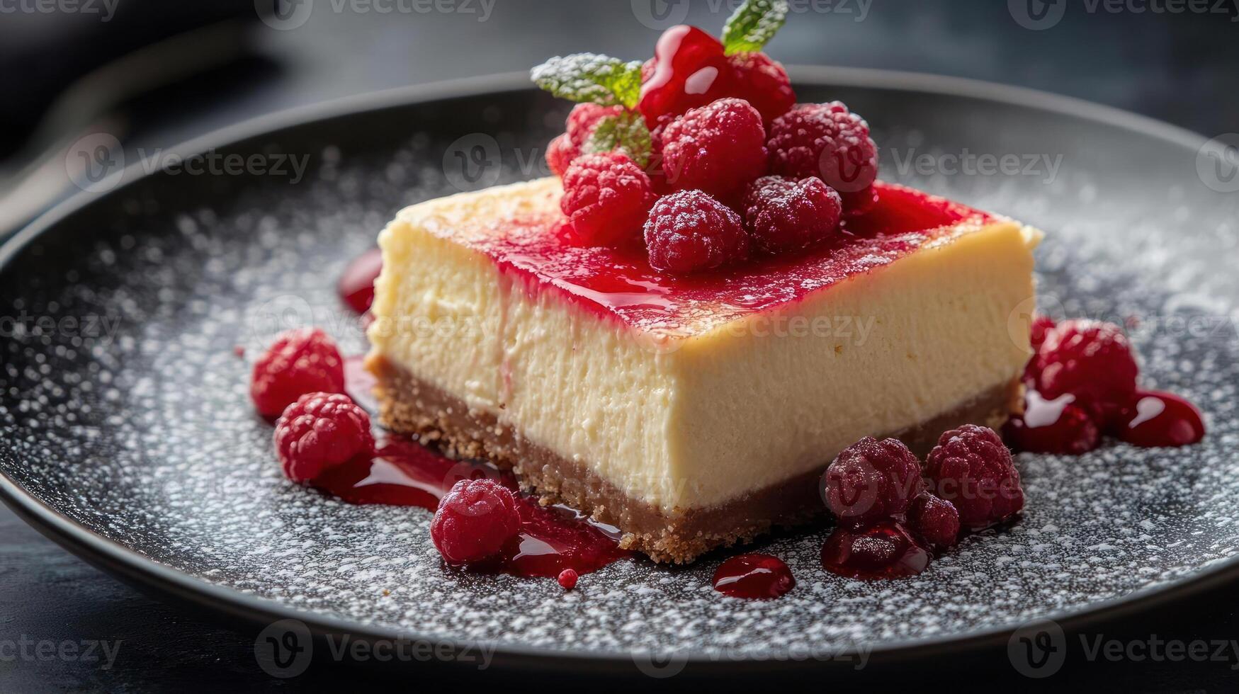 A slice of cheesecake with raspberries and powdered sugar photo