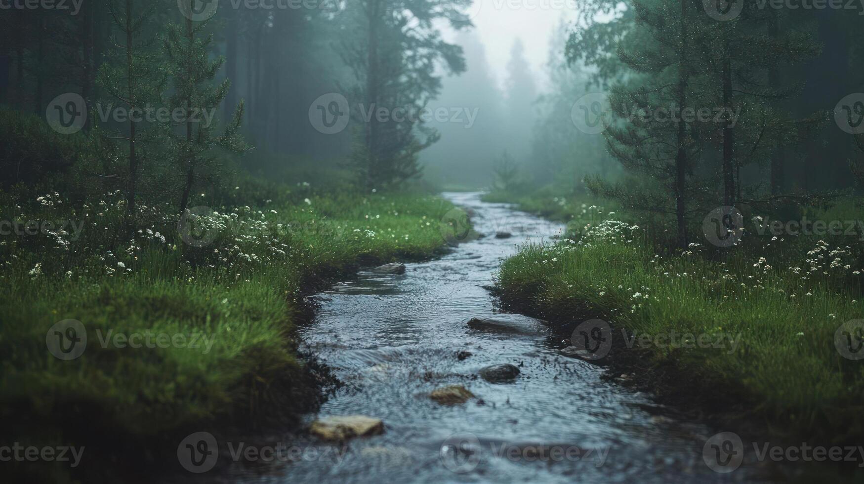 A serene forest stream flows gently through a lush green landscape. photo