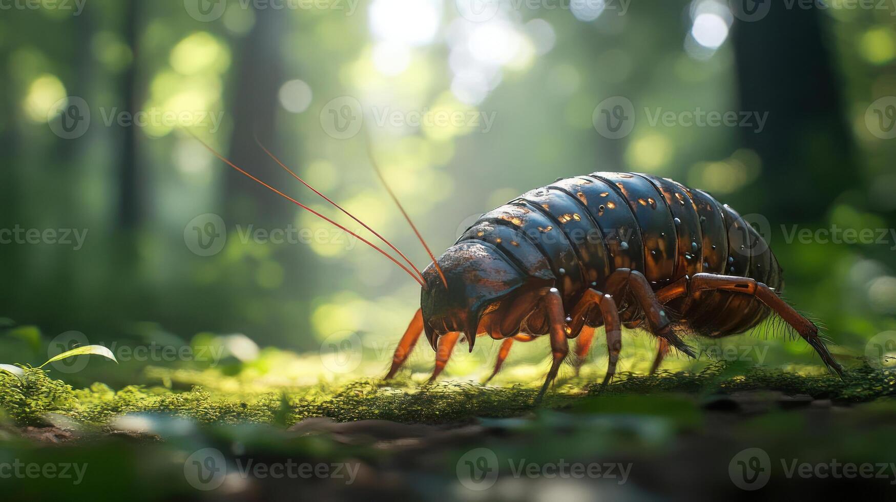 A large insect with a shiny black body and orange legs photo