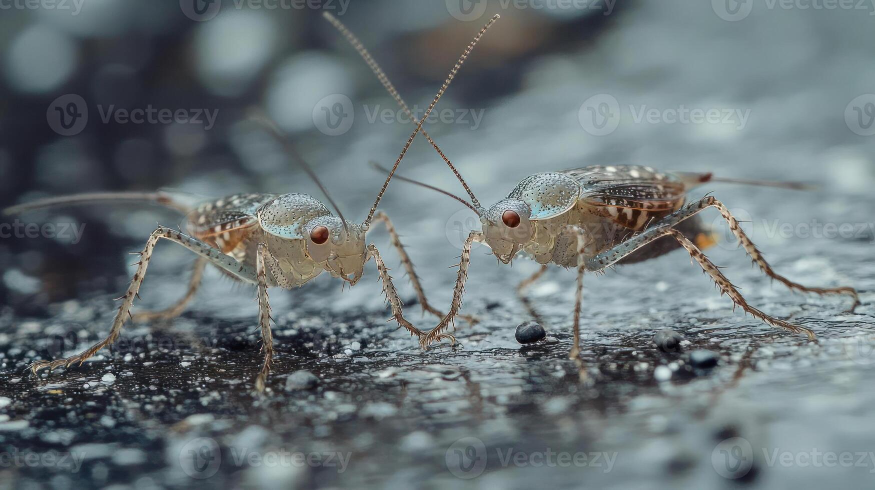 Two crickets on a dark surface photo