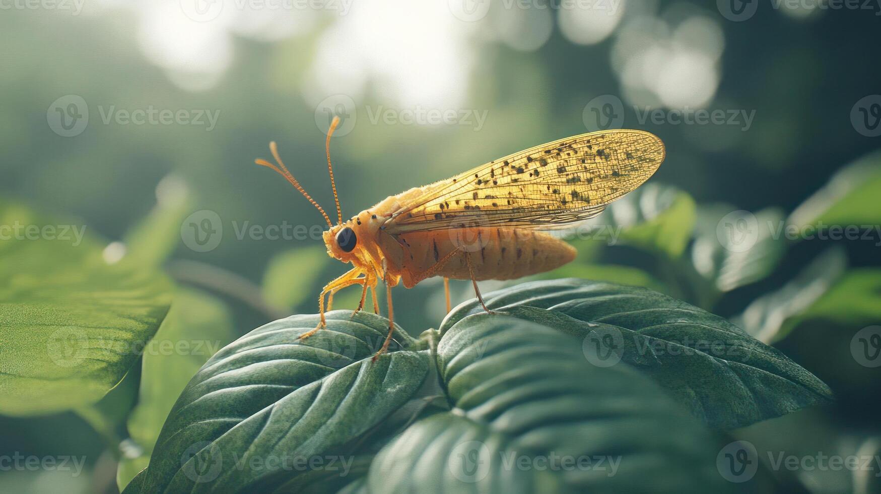 Yellow insect sitting on a plant leaf photo