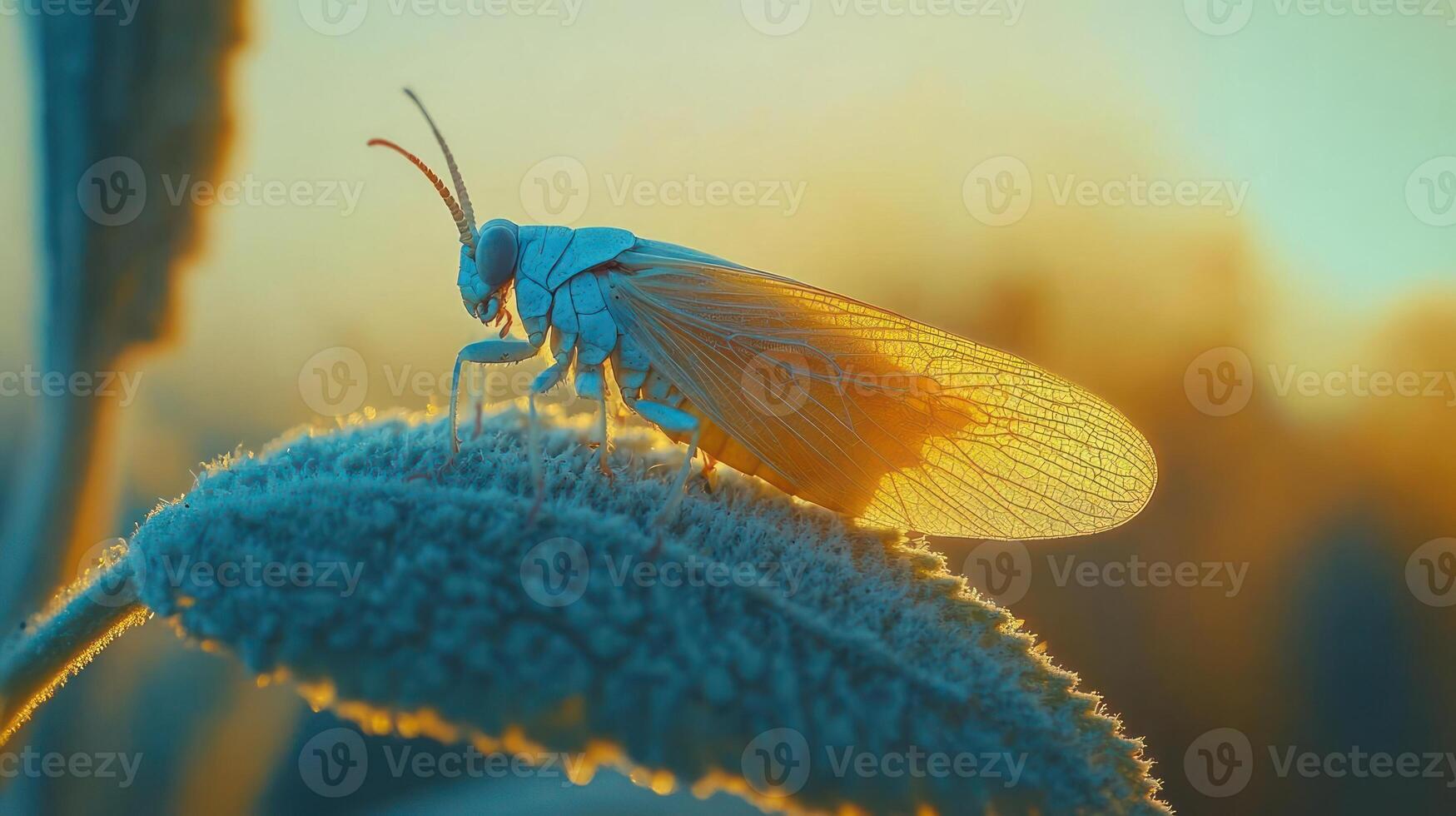 A close-up of a blue insect on a plant photo